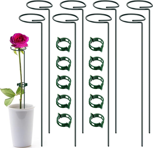 Green Metal Plants Support Stakes (Pack of 8), Garden Single Stem Plant Support Rod and Ring with 10 PCS Plant Clips, Plant Support and Clips Set - for Amaryllis, Rose, Tomato Seedling, Sapling