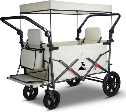 Foldable Wagon with Canopy - Collapsible Utility Cart with 2 Seats & Belts, Adjustable Handle, Expandable Front for Camping, Picnic, Shopping (Beige)