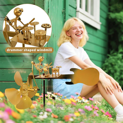 Handmade Metal Drummer Windmill, Rock Art Sculptures, Wind-Powered Kinetic Figurines, Wind Spinners for Garden Yard Lawn Patio Decor, Unique Drummer Statue Gift for Music Lovers
