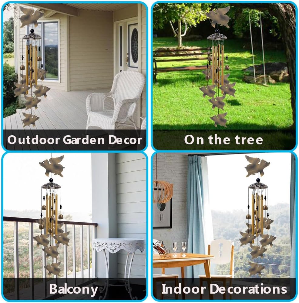 Flying Pigs Wind Chimes Outdoor Decor - with 6 Bells 7 Pigs Wind Chimes, Mobile Romantic Fly Pigs Wind Catcher, Bronze Pigs Wind Bells for Home, Mom Gifts, Balcony, Tree, Festival, Garden Decoration