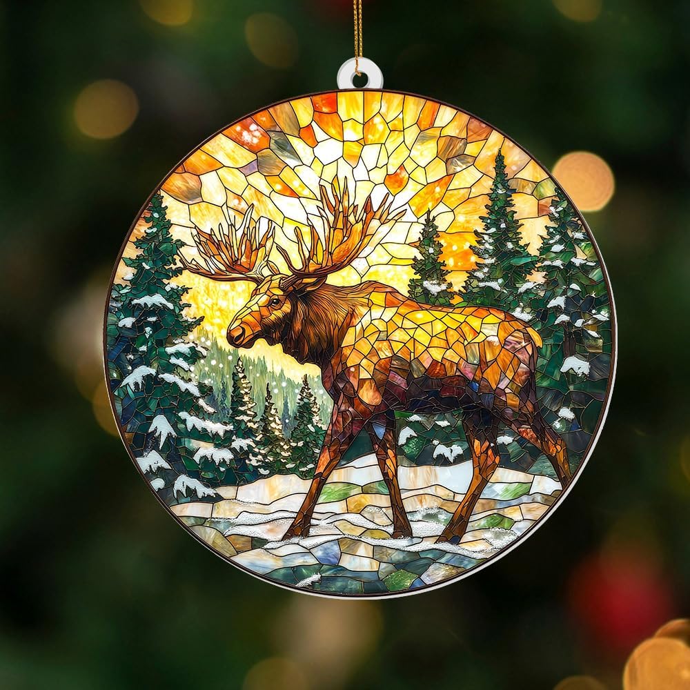 Stained Glass Style Acrylic Moose Ornament 2025 - Rustic Cabin Christmas Tree Ornament, Wildlife Suncatcher Window Hanging, Winter Holiday Decor Gift for Nature & Outdoor Lovers, Shatter(Sun-23)