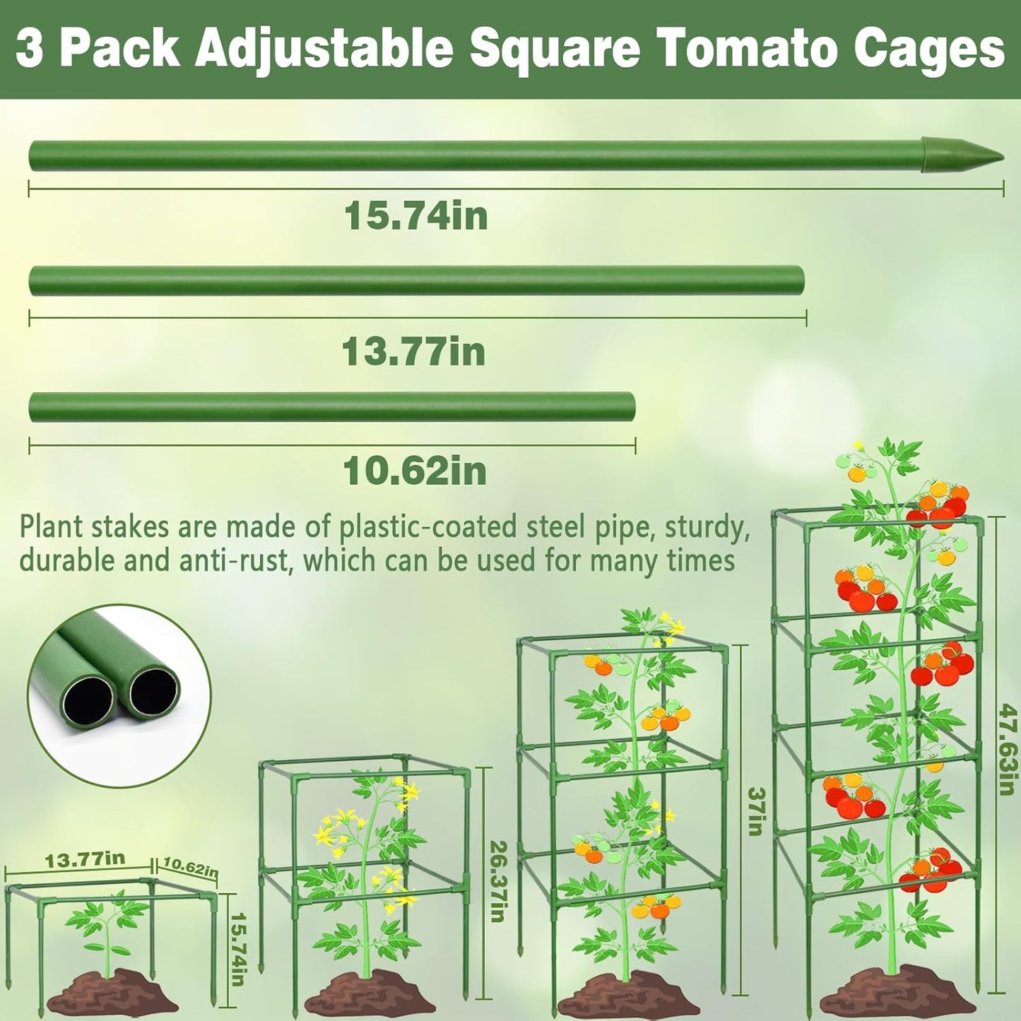 Halatool Tomato Cage for Garden 3 Pack, Square Heavy Duty Adjustable Tomatoes Cages Trellis Stakes Plant Supports for Pots Climbing Plants Vegetables Flowers Fruits Cucumber (47inch Tall, Extra-Bold)