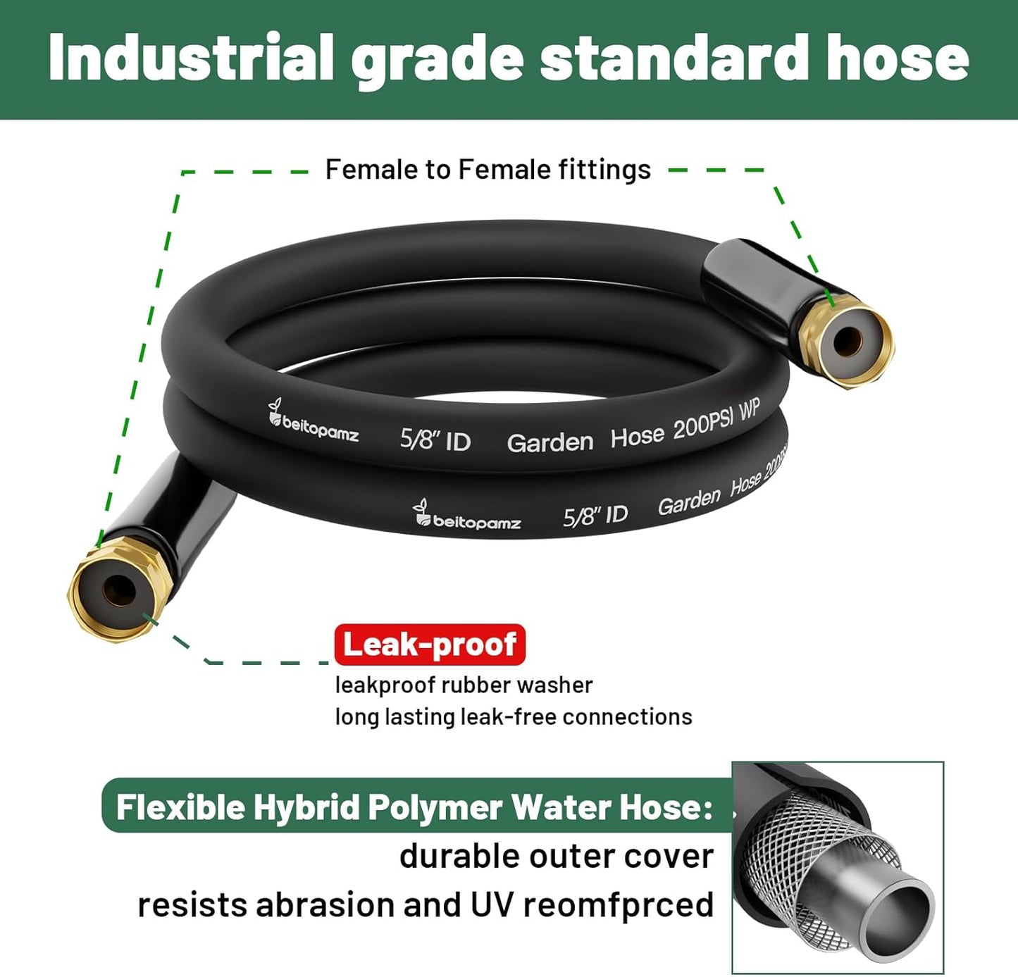 Short Garden Hose 5 ft x 5/8" Female to Female, Heavy Duty Small Water Hose Extend Connector, Leak-Free Connections Hybrid Rubber Leader Hose with 3/4" Double GHT Fittings, Black