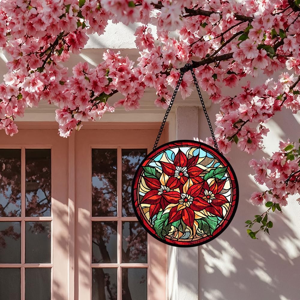 Red Flower Stained Glass Window Hanging, Hanging Sun Catcher Ornament, Red Flower Botanical Glass Panel, Window Ornament for Indoor Outdoor, Gifts for Christmas Housewarming, Birthday Party, Wedding