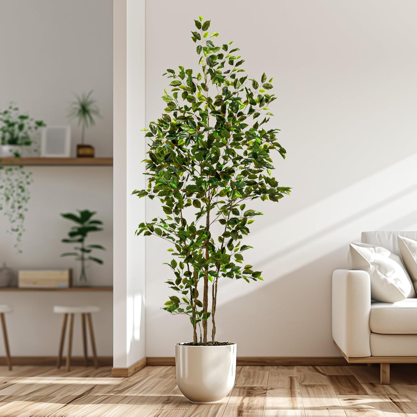 Artificial Ficus Tree Indoor 7ft, Large Potted Faux Tree with Realistic Silk Leaves & Trunk for Home Office, Living Room Corner Decor