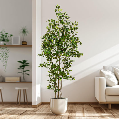 Artificial Ficus Tree Indoor 7ft, Large Potted Faux Tree with Realistic Silk Leaves & Trunk for Home Office, Living Room Corner Decor