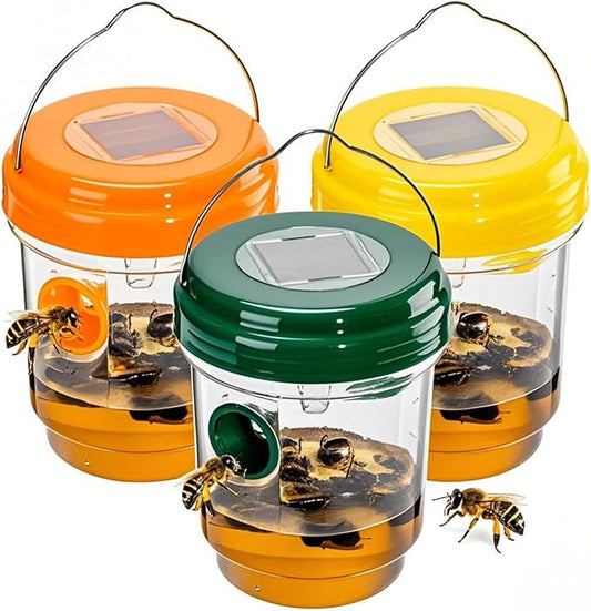 3 Pack Wasp Traps Outdoor Hanging, Solar Bee Trap for Outside with LED Light, Hornet Deterrent, Yellow Jacket Catcher, Reusable for Garden, Orchard, Indoor