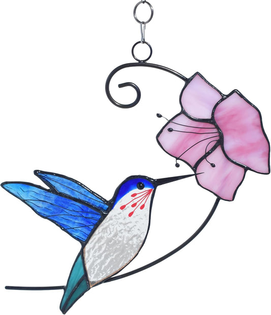 Lolitarcrafts Hummingbird with Flower Stained Glass Suncatcher Bird Stained Glass Window Hangings