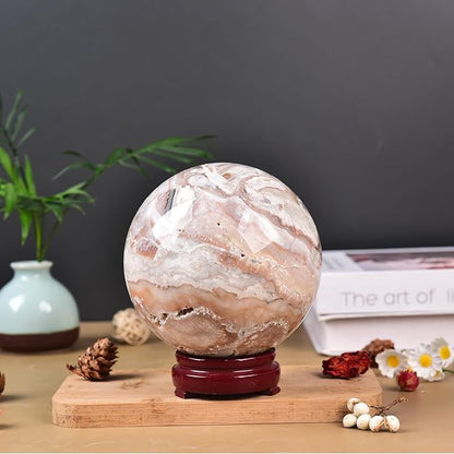 JIC Gem Extra Large Pink Agate Crystal Sphere,Decorative Crystal Ball Pink Gemstone Sphere for Meditation,Office Table Decorations 120-130mm