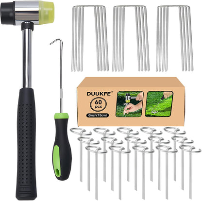Landscaple Fabric Staples, 30pcs Galvanized G Shape Fabric Pins +30pcs U Shape Garden Staples Pins with Staples Remover Rubber Mallet, Ground Stakes Lawn Stples for Weed Barrier Sod Turf Outdoor Decor