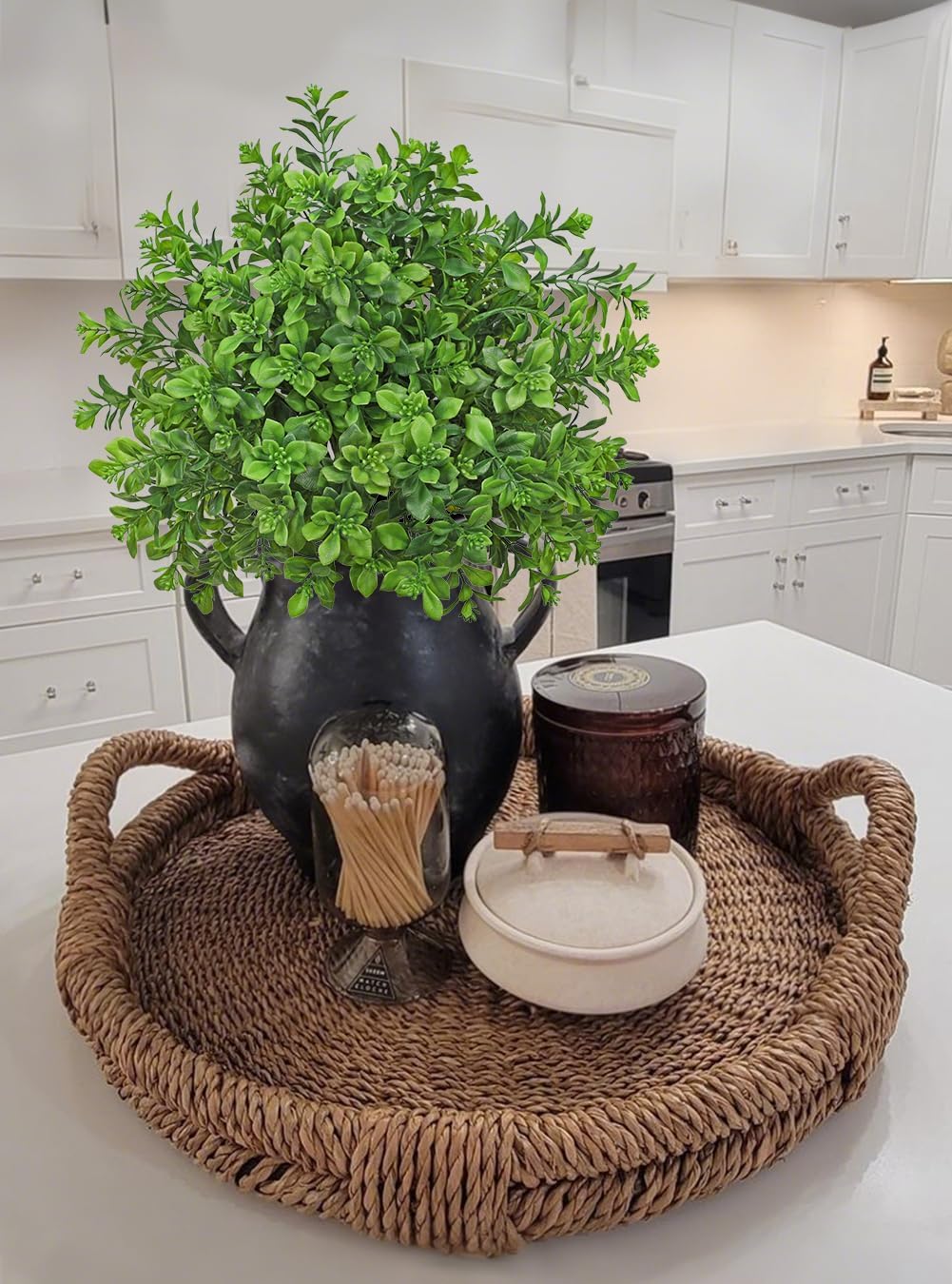 Artificial 5Pcs Faux Seeded Eucalyptus Leaves Stems Fake Plants Sharp UV Resistant Faux Plastic Boxwood for Kitchen Office Garden Porch Farmhouse Window Box Home Decor