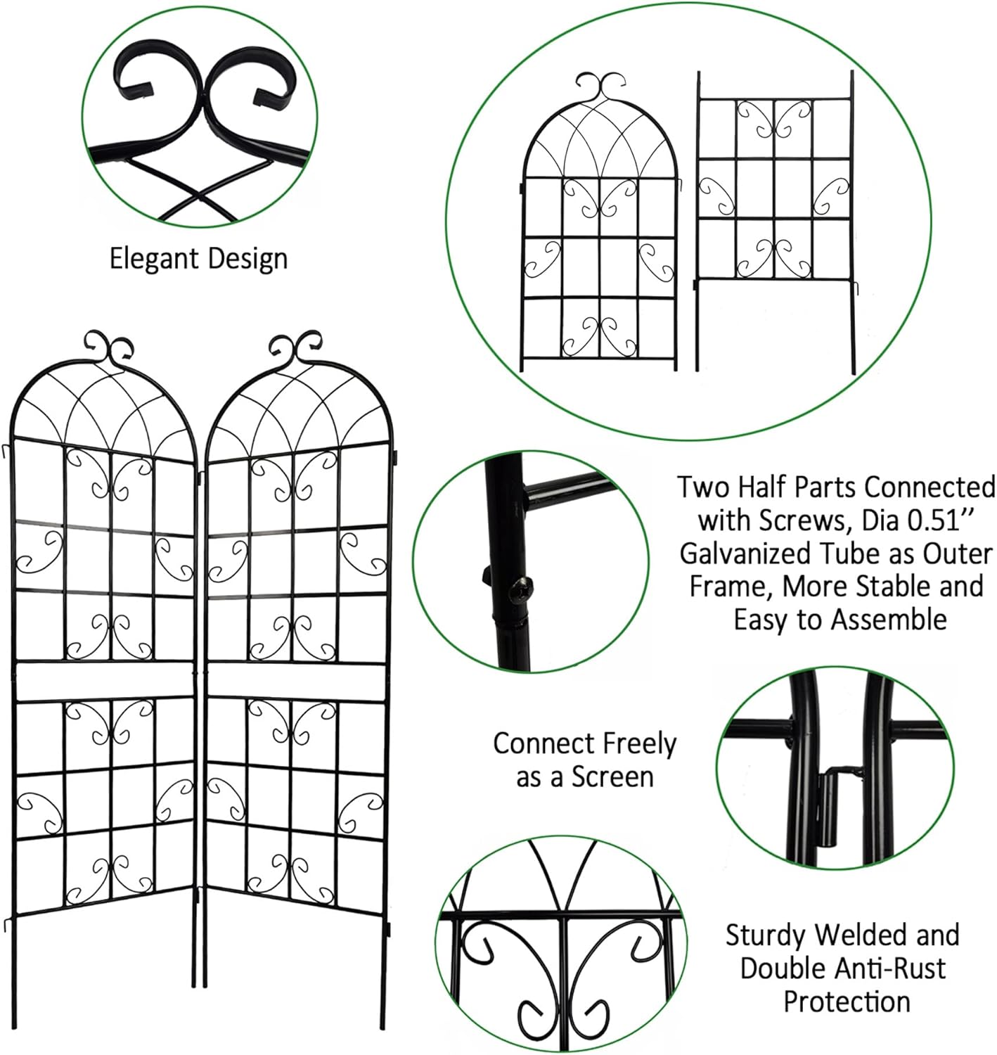 2 Pack Metal Garden Trellis for Climbing Plants 71" x 19.7" Outdoor Fence Rustproof Garden Trellis Support Roses Flower Lawn, Black 6FT