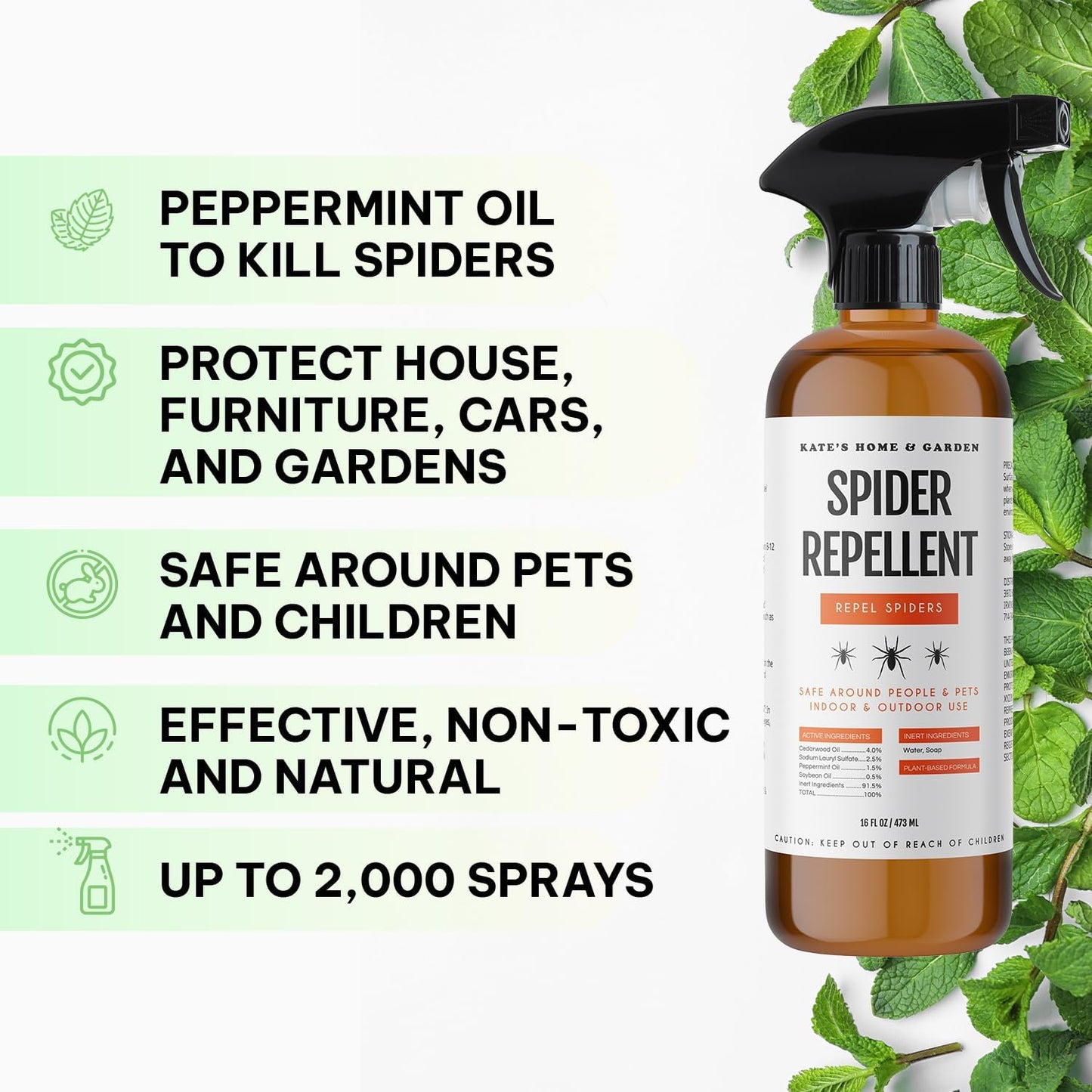 Kate's Home & Garden Spider Repellent Indoor. All Natural Peppermint Oil Spray for Spiders & Outdoor (16oz, Non Toxic Pesticide & Insecticide, Pet Safe)