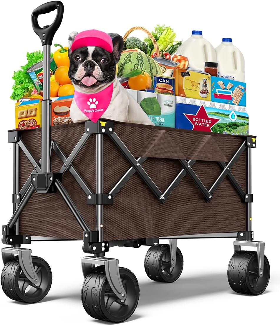 Beach Wagon,CollapsibleWagon 220lbs with Big Wheels Foldable Wagon Carts,Portable Utility for Garden Grocery Sports Camping All Terrain-Khaki