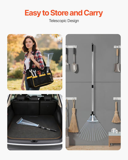 VEVOR Leaf Rake, 15 Metal Tines, Adjustable Garden Rake for Lawns with 7.5-22.4 Inch Wide Head & 32-63 Inch Long Handle, Heavy Duty Stainless Steel Small Leaves Tool for Gardening Camping Yard Grass