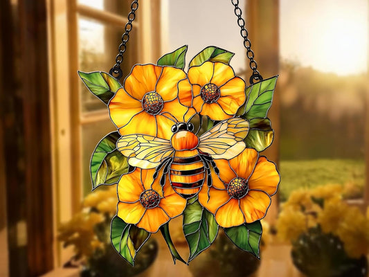 Bee Sunflower Acrylic Window Hanging Stained Wall Decoration Lover Gift for Mom Grandma Or Special Occasions Sun Catchers Indoor Windown Suncatchers Windows Garden Decor