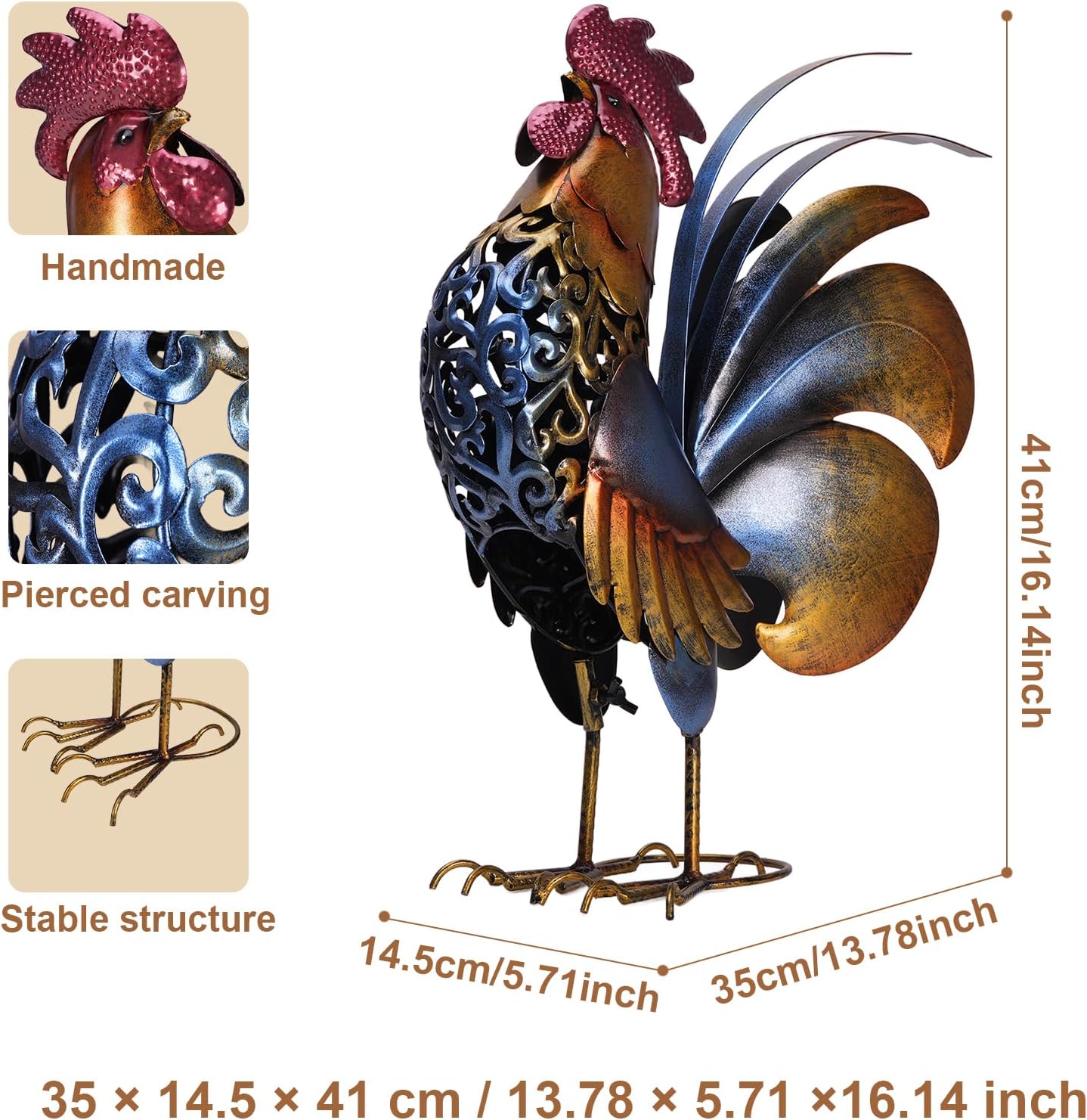 Rooster Garden Statues,Vintage Chicken Statue for Outdoor Decor, Regal Mighty Metal Rooster,Perfect Handmade Gift for Housewarming, Frinds, Garden Lover
