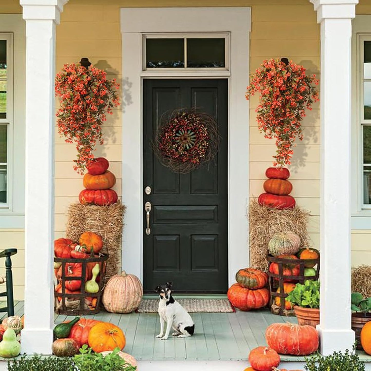 SJL Fall Faux Hanging Plants Artificial Fall Hanging Flowers Artificial Outdoor UV Resistant Fake Vine Plant Faux Greenery Plastic Plants for Farmhouse Thanksgiving Patio Party Decor (Salmon)
