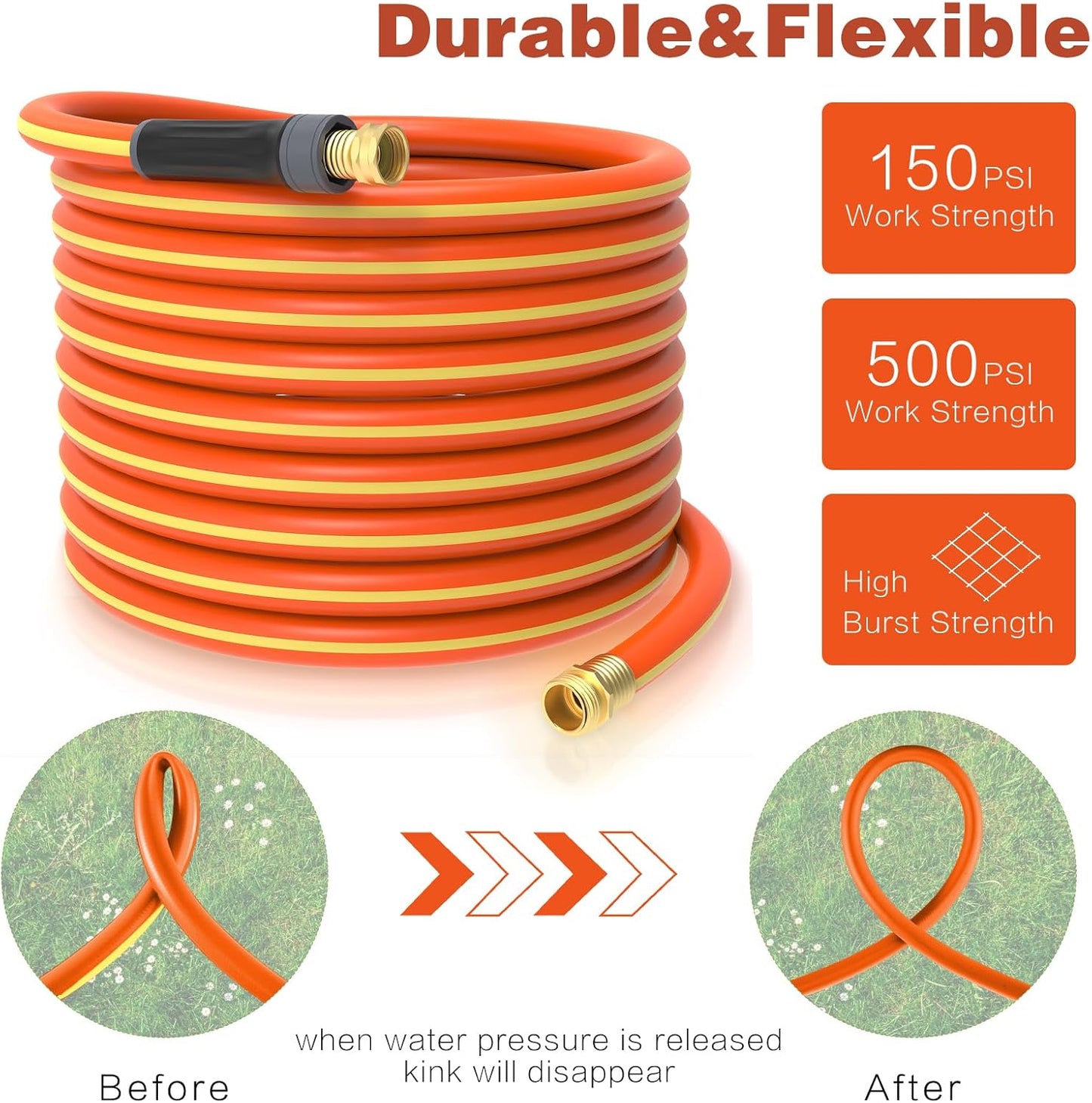 Hybrid Hose 100ft x 5/8", Short Garden Water Hose Heavy Duty, Flexible, Lightweight Hybrid Water Hose with Swivel Handle,3/4'' Brass Fittings, Available For Reel Cart Backyard Burst 500 PSI