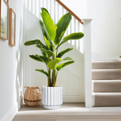 Ceramic Plant Pots - 9.6 Inch Ceramic Planters with Drainage Hole, Round Flower Pots for Indoor Plants, Modern Fluted Large Planter Outdoor, Home Room Decor, Gardening Gifts, White