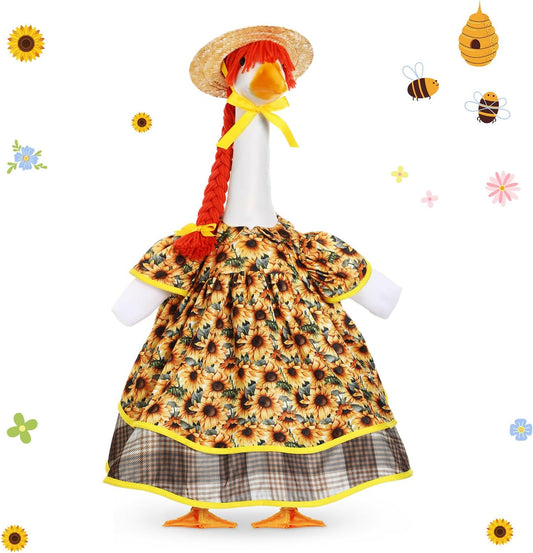 Fall Goose Outfit Harvest Sunflower Lawn Porch Cement Goose Clothes Harvest Skirts Hat Wig for Fall