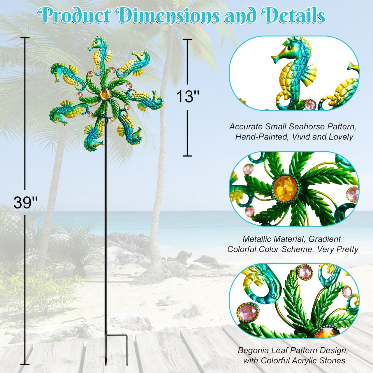 Seahorse Wind Spinners - 39" Ocean-Themed Metal Wind Sculptures Garden Stake Art, 13.5” Windmill Yard Kinetic, Outdoor Decor for Patio & Lawn - Metal Beach Sculpture with Seahorse Design
