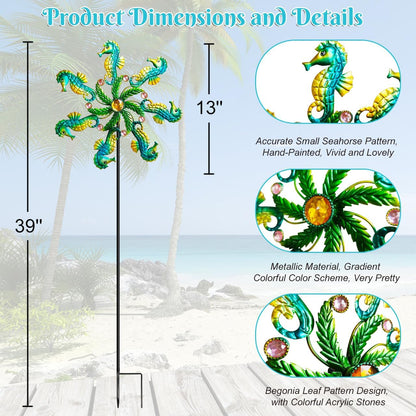 Seahorse Wind Spinners - 39" Ocean-Themed Metal Wind Sculptures Garden Stake Art, 13.5” Windmill Yard Kinetic, Outdoor Decor for Patio & Lawn - Metal Beach Sculpture with Seahorse Design