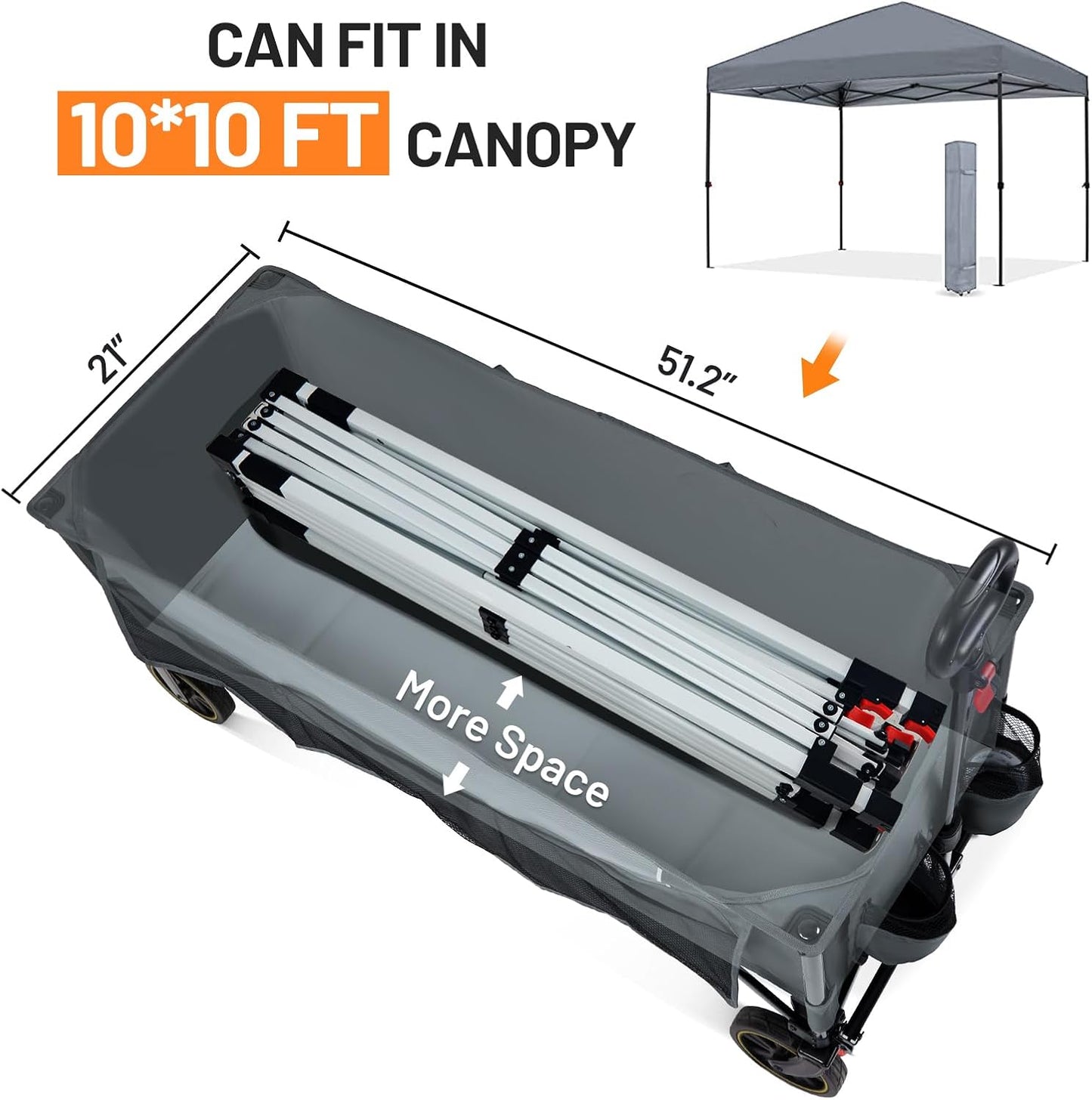 Timber Ridge 51.2'' Extended Collapsible Wagon Cart, 500LBS Heavy Duty Foldable Utility Wagon with Adjustable Handle, 400L Capacity Portable Cart with Cargo Net for Camping Sports Shopping-Grey