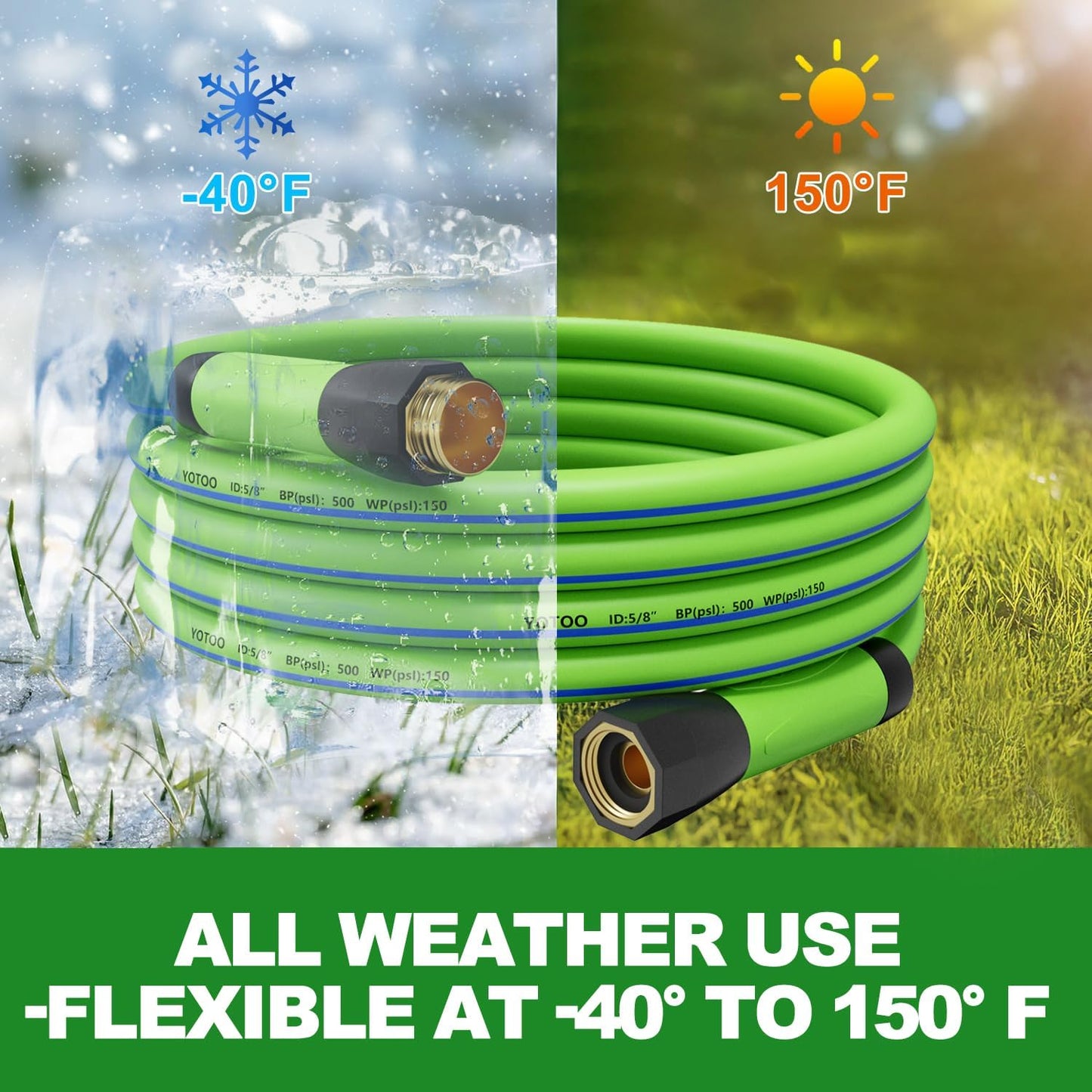 YOTOO Heavy Duty Hybrid Garden Hose 5/8-Inch by 50-Feet 150 PSI Water Hose, Kink Resistant, Flexible with Swivel Grip Handle and 3/4" GHT Solid Brass Fittings, Green+Blue
