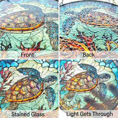 Sea Turtle Decor Suncatcher Stained Glass Window Hanging - Handmade Suncatchers for Windows with Hooks - Sea Art Glass Sun Catcher Indoor Outdoor Garden Mothers Day Birthday Gifts for Mom Grandma
