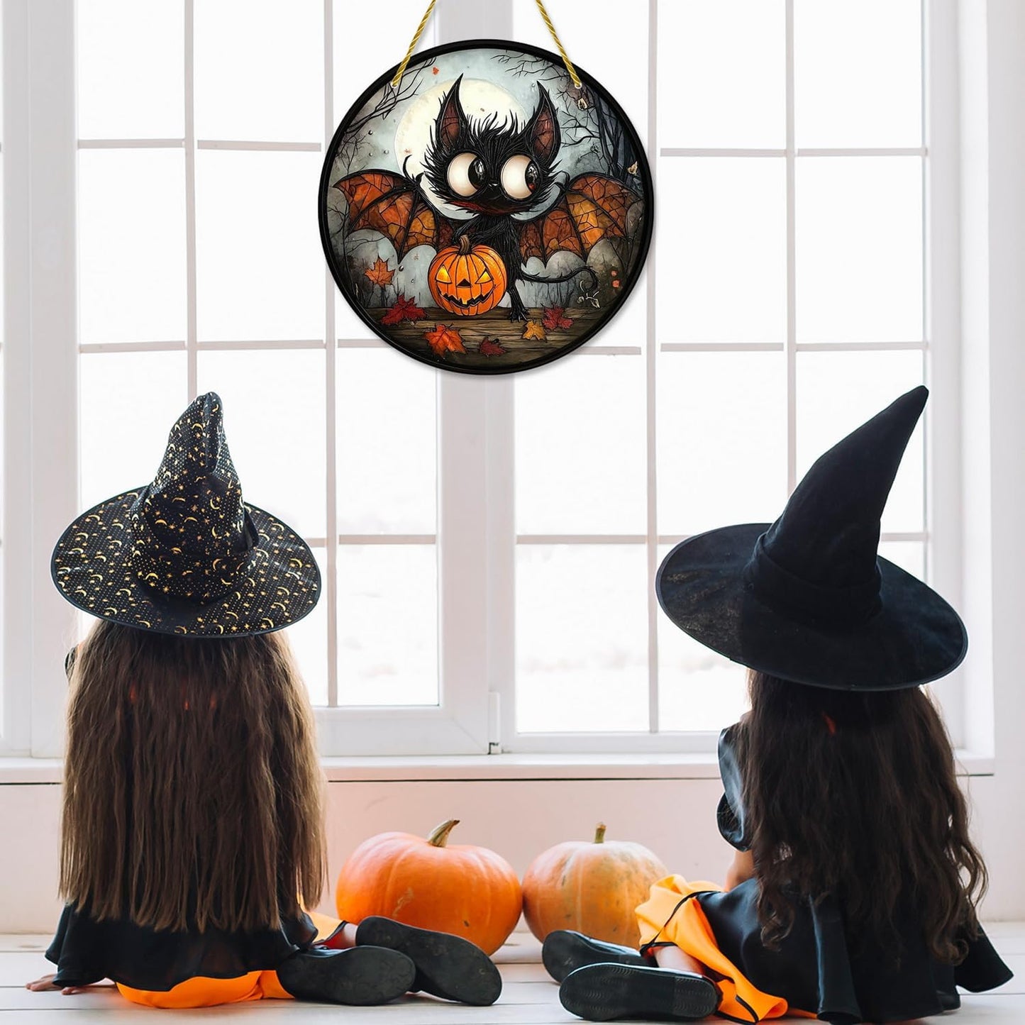 7.87inch Halloween Sun Catchers Stained Glass Window Hanging Evil Bat Pumpkin Acrylic Suncatcher Indoor Wall Art Home Round Ornament Decor for Women Men Family Party Gift