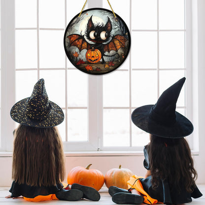 7.87inch Halloween Sun Catchers Stained Glass Window Hanging Evil Bat Pumpkin Acrylic Suncatcher Indoor Wall Art Home Round Ornament Decor for Women Men Family Party Gift