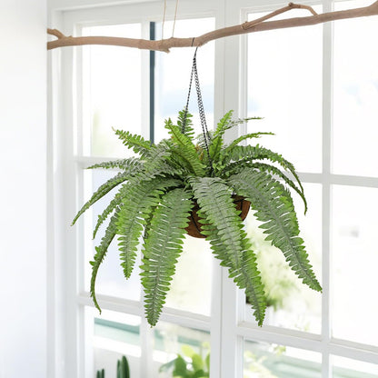 Fake Hanging Plants Large Boston Fern Artificial Plants Outdoor Realistic Fake Ferns with Palm Basket Silk Plants Ferns Hanging Plant Artificial Decor for Home Front Porch Window Garden - Dusty Green