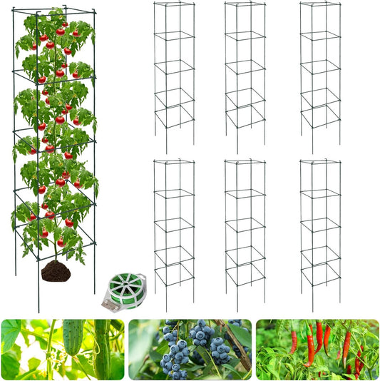 6 Packs Tomato Cages for Garden, 12"×12"×56" Plant Support Cage with Different Spacing, Green Metal