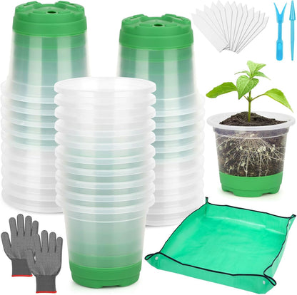 Caffox 55PCS Reusable Seed Starter Kit Includes 30 Packs 3.5" Clear Nursery Pots with Silicone Base, Repotting Mat, Gardening Gloves, Plant Labels and Seedling Tools for Easy Transplant