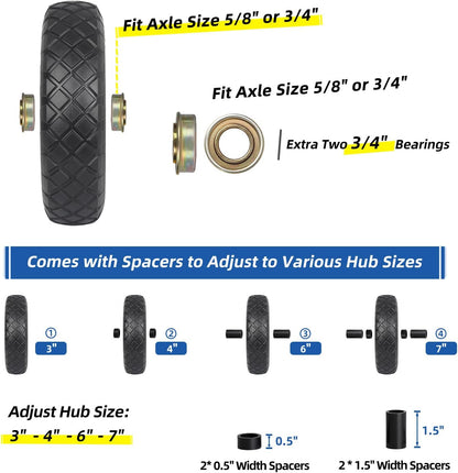 4.80/4.00-8" Wheelbarrow Tire, 16" Flat-Free Solid Tire and Wheel, 3-6" Centered Hub, 5/8" & 3/4" Bearing, For Broadcast Spreader Garden Wagon Cart Trolley Dolly (1 Pack)