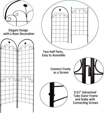 6 Pack Metal Garden Trellis 86.7" H Garden Fence Rustproof Trellis for Climbing Plants Support Roses Flower Outdoor Lawn Black