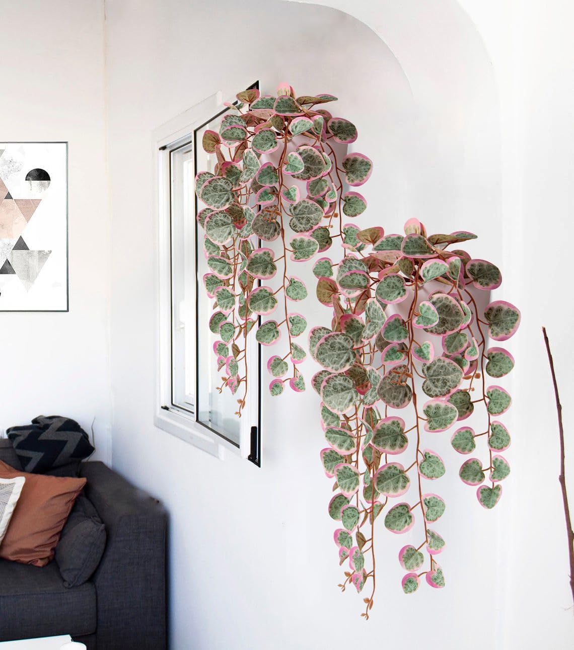 Briful Faux Hanging Plants 17'' Artificial String of Heart Vines with Semicircle Wall Mount Planter Fake Draping Plants for Home Office Room Shelf Wall Hanging Decor