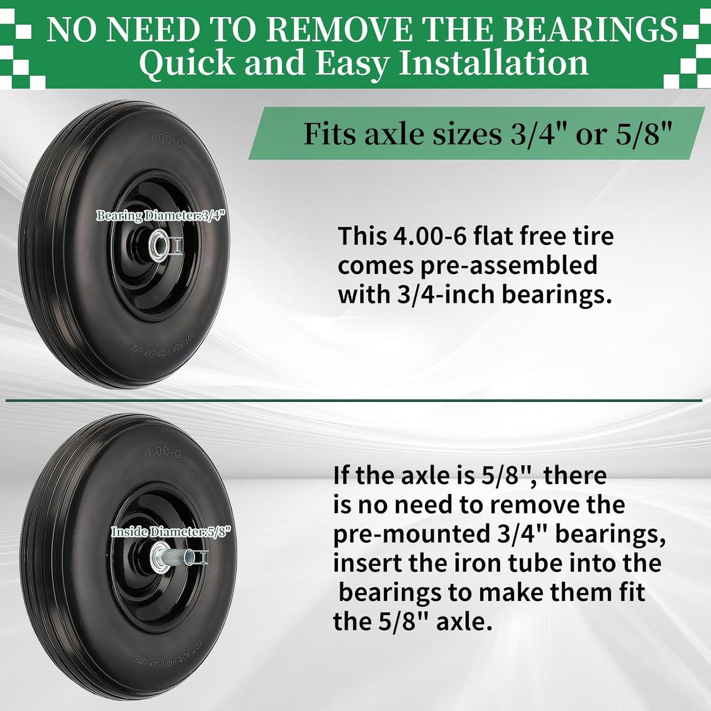 RRQ 4.00-6 Flat Free Tire and Wheel, 13" Solid Wheelbarrow Tire with 1.75" Centered Hub and 3/4" Bearings(Come with 5/8" ID Iron Tube Adapter), for Garden Cart, Trolley, Wheelbarrow Wheel Replacement