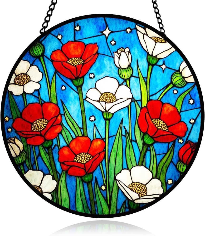 Red Flower Stained Glass Window Hanging, Bloom Suncatcher Panel for Indoor Outdoor Window Decoration, Glass Hanging Ornament for Garden Wall, Floral Ornament Gifts for Wedding, Birthday, Housewarming