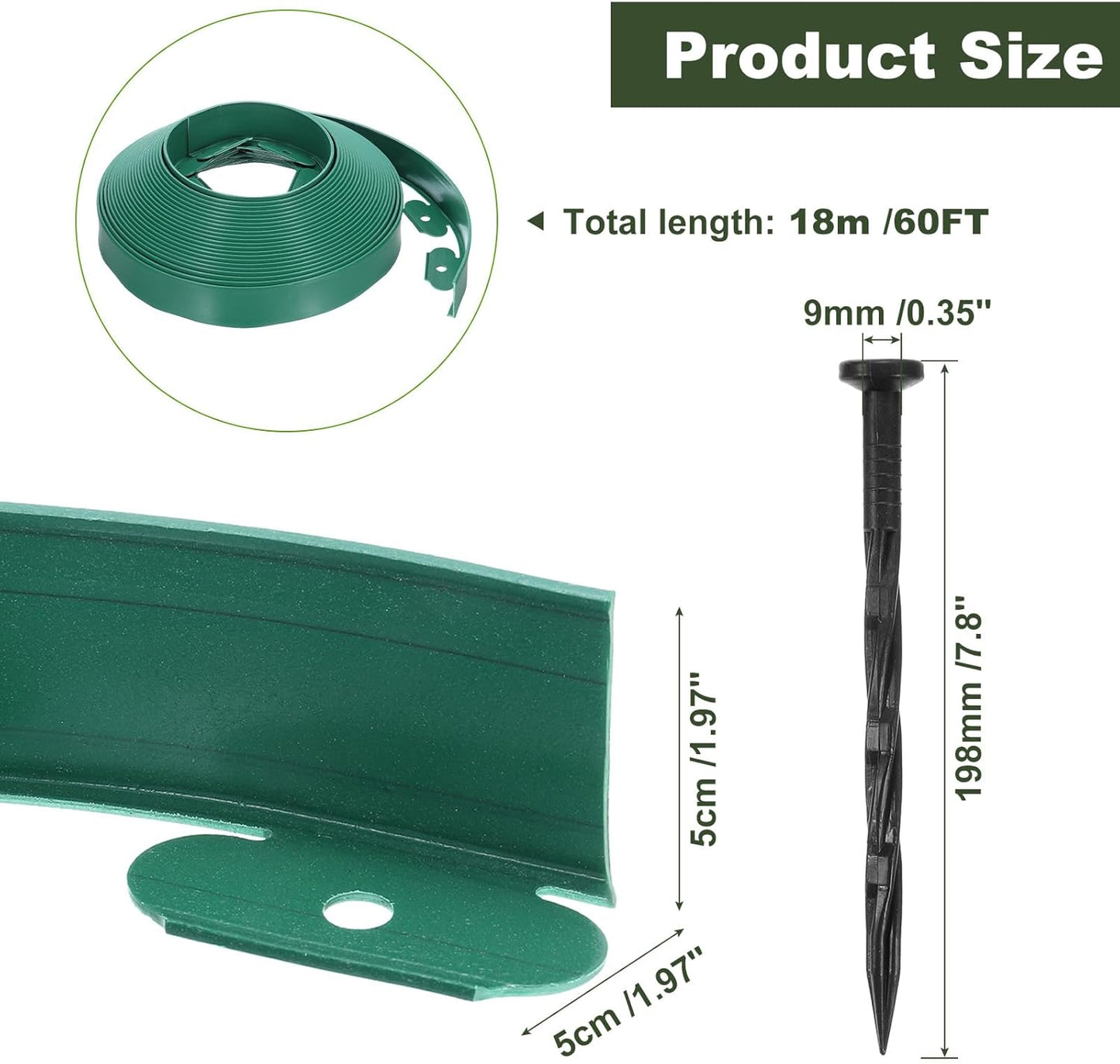 uxcell Landscape Edging, 1Pcs 60FT x 2" - No Dig Garden Edging Kit with 54 Stakes, Landscape Edging Border for Garden Lawn Flower Bed Yard Grass (Green)