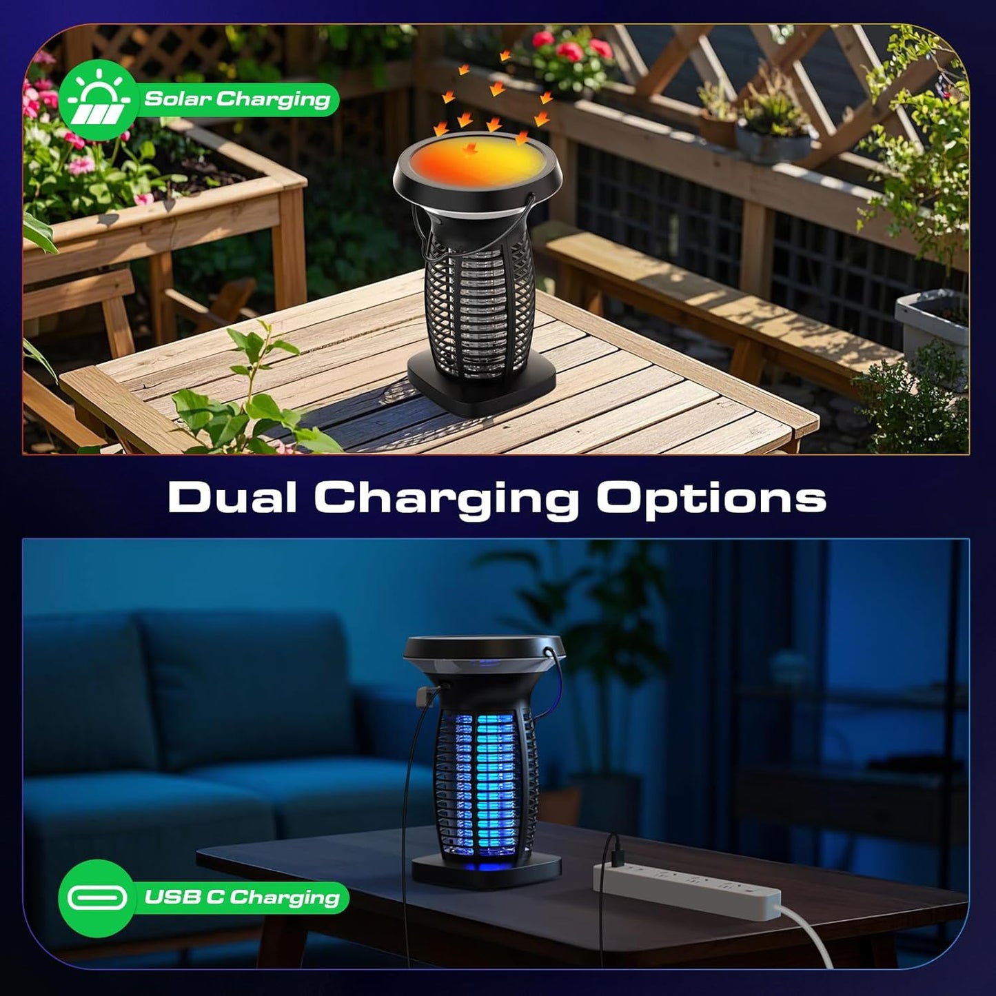 Solar Bug Zapper Outdoor, Mosquito Zapper Outdoor Waterproof Electric Rechargeable Fly Zapper with Solar Panel, 4200V Fly Trap Indoor for Home Backyard, Patio, Garden, Camping