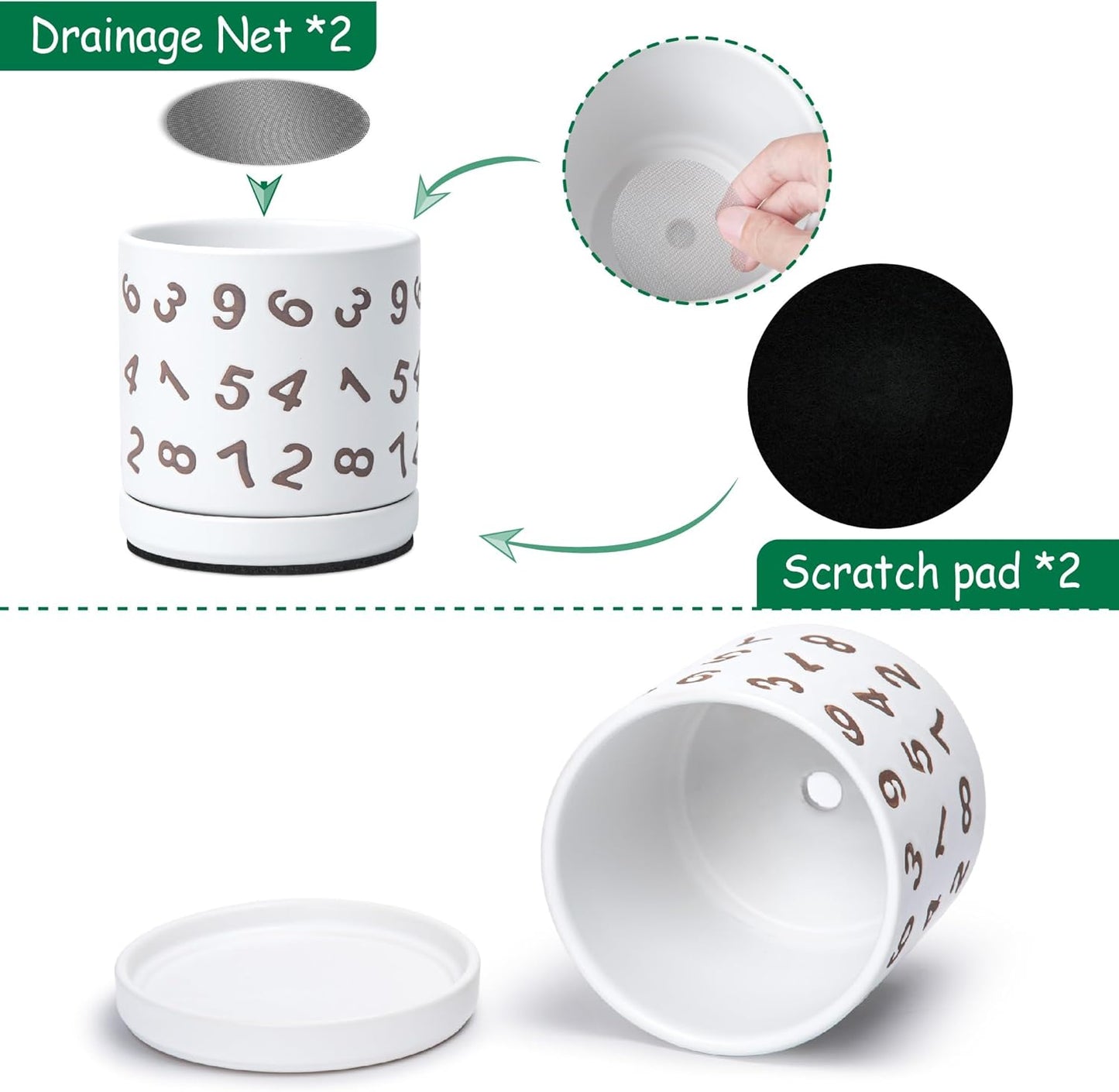 D'vine Dev Set of 2 Ceramic Planter Pots with Drainage Hole and Saucer, 6 Inch Plant Pots for Plants Indoor Houseplants, White, 99-Z-B-1-Y