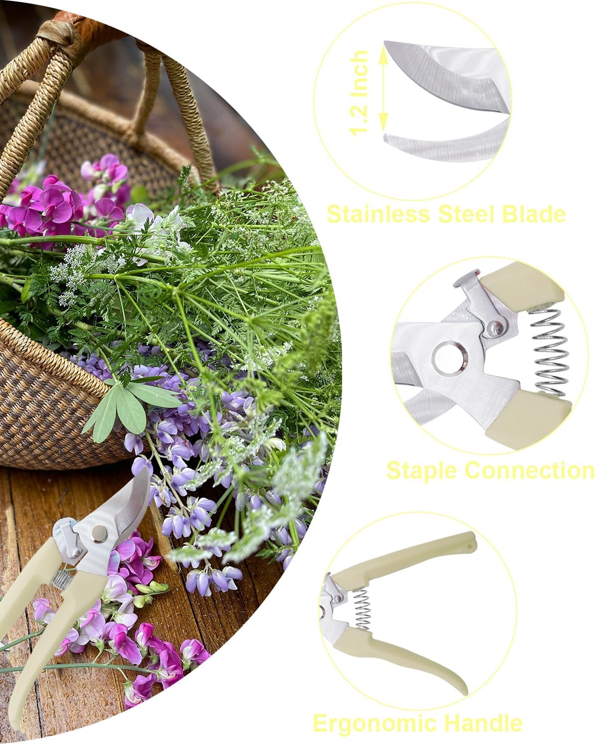 Pruning Shears for Gardening, 2 Pack Garden Scissors for Cutting Fresh Flowers, Floral Clippers for Plants, Fruits (Yellow)