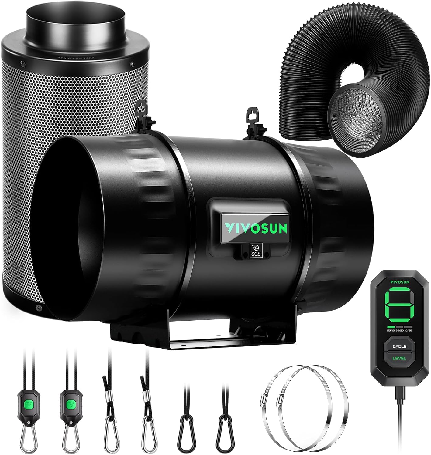 Vivosun Smart Air Filtration T8 Kit 8", AeroZesh T8 Inline Duct Fan with E12 Speed Controller, Carbon Filter & 25' Ducting, Cooling & Ventilation System for Grow Tents, Indoor Gardening, Hydroponics