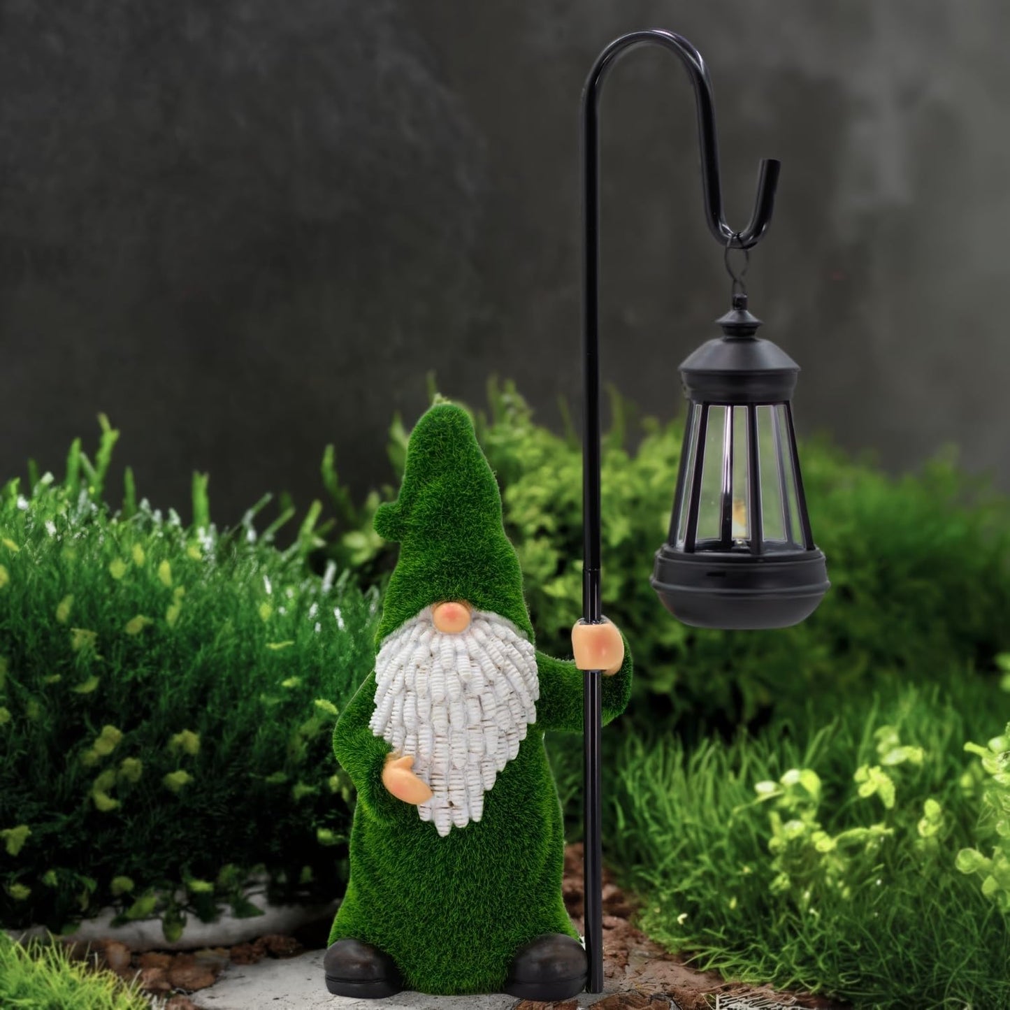 Garden Gnome with Solar Lantern, Grass-Like Flocked Hat, Outdoor Garden Figurine Lights, Unique Gift for Women, Mom, Friends (Green Flocked Gnome)