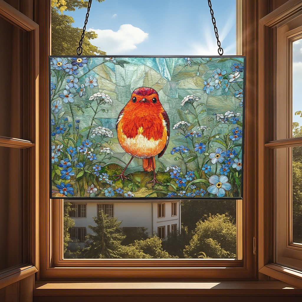 Customized Rectangle Robin Stained Glass Window Hanging Suncatcher Stained Glass Home Decor Garden Halloween Christmas Party Wedding Housewarming Gifts