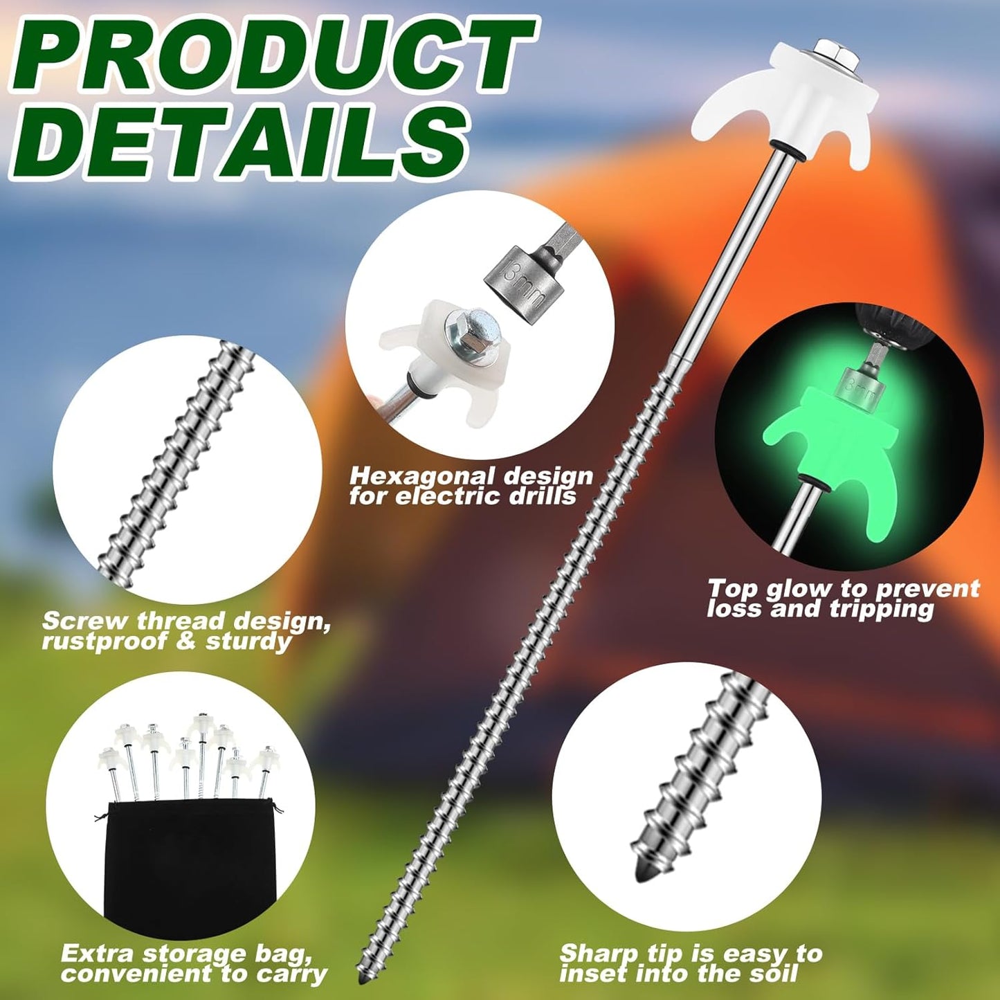 JaGely 12 Inch Tent Stakes Screw in Camping Stake 10 Pcs White Heavy Duty Metal Spikes Ground Anchor Peg Threaded Tent Spikes with Hex Head Driver for Camping Garden Inflatable Outdoor Decor