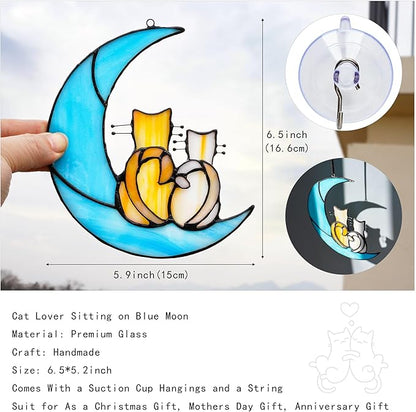 HDCRYSTALGIFTS Couple Cat Sitting on Moon Stained Glass Window Hanging, Modern Art Suncatcher for Window, Wall Decor,Cat Lover Gifts for Women/Girls