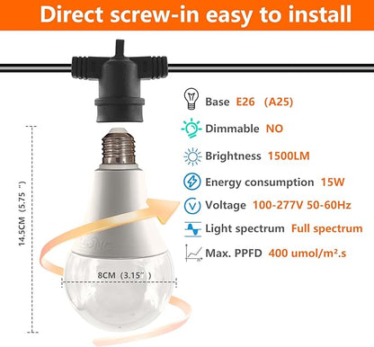 A25 LED Grow Light Bulb - 15W (150W Equivalent), Full Spectrum, E26 Base for Indoor and Outdoor Plants - Plus Size Bulb (6-Pack)
